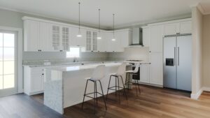 Picture of a beautiful kitchen with white cabinets, an island, and stainless-steel appliances.